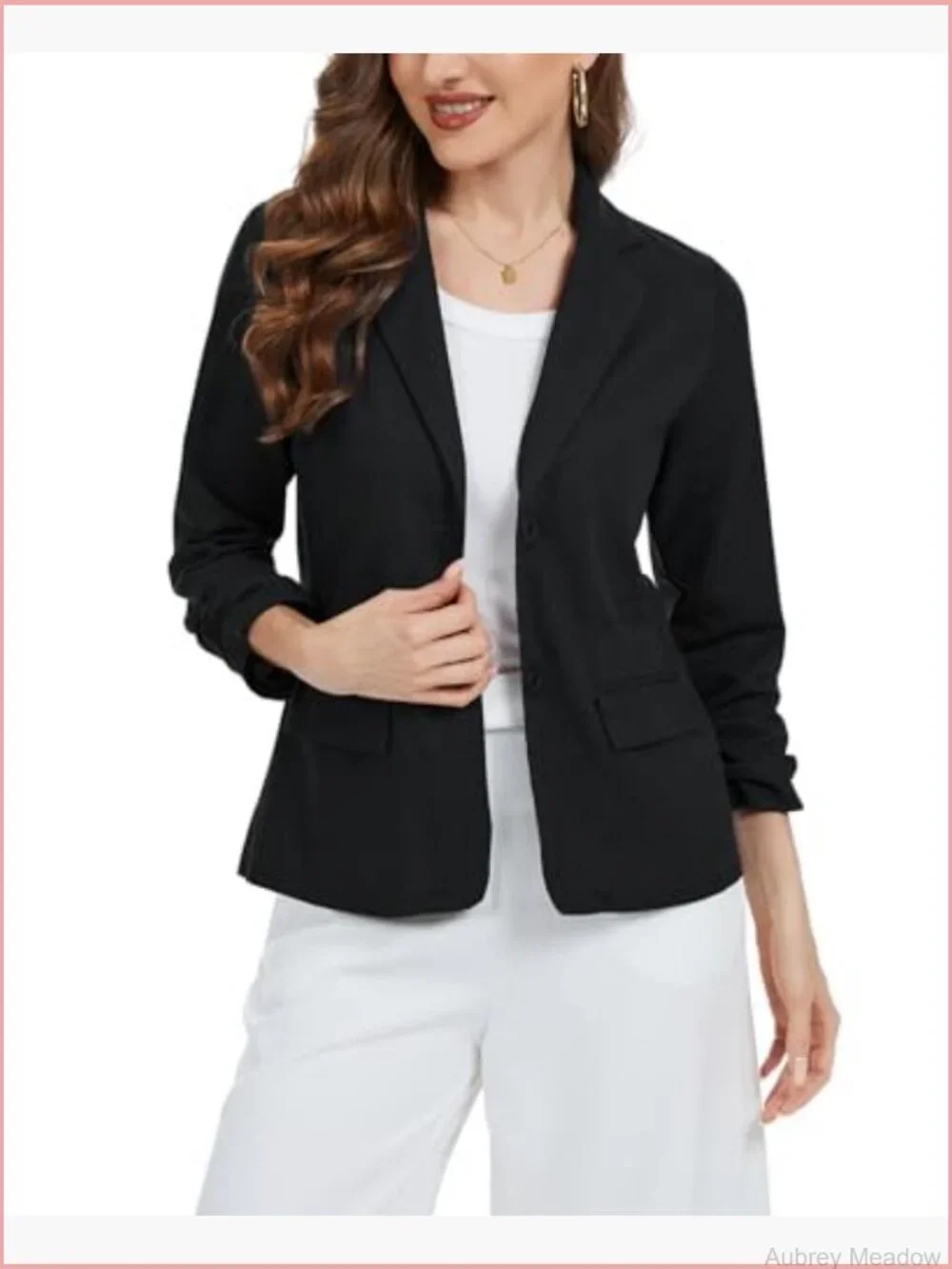 Linen Blazer Jacket Lightweight 3/4 Ruched Sleeve Button Work Office